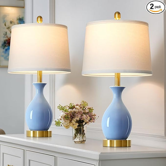 luxeflow 24″ Light Blue Ceramic Table Lamps Set of 2, Modern Classic Bedside Lamps for Bedroom Nightstand, Small Table Lamp for Living Room Side Table (2 LED Bulbs Included)