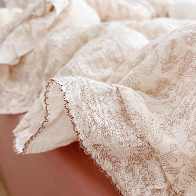 BuLuTu Flower Rabbit Print Duvet Cover Twin, Soft Breathable Muslin Cotton Quilt Cover 68"x86", Girls Boys Comforter Cover with Chic Ruffles, Zipper Closure, Corner Ties, All Seasons
