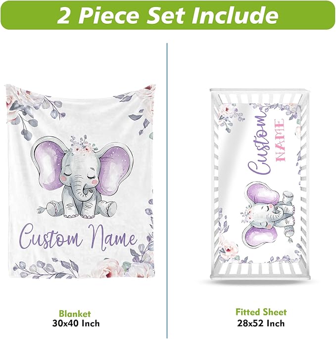 Personalized Crib Bedding Set for Boys Girls, Custom Baby Crib Sets with Name, Light Purple Elephant Design Nursery Bedding 2 Piece - Soft Blanket with Double Layer Dotted Backing, Crib Fitted Sheet