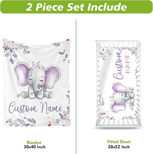 Personalized Crib Bedding Set for Boys Girls, Custom Baby Crib Sets with Name, Light Purple Elephant Design Nursery Bedding 2 Piece - Soft Blanket with Double Layer Dotted Backing, Crib Fitted Sheet