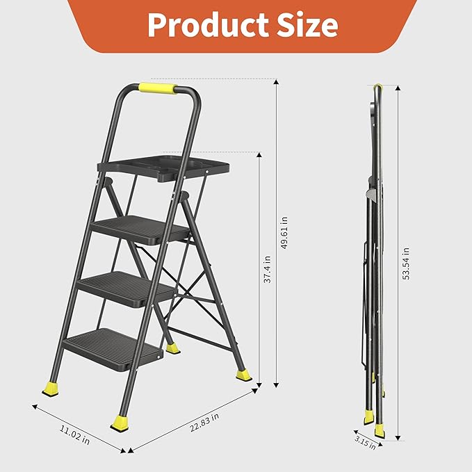 DIAMONDFORGE 3 Step Ladder, Folding Step Stool with Tool Platform, Wide Anti-Slip Pedal and Anti-Slip Feet, Sturdiest Steel Construction, 600lbs Capacity Steel Ladder for Home Office, Black Yellow