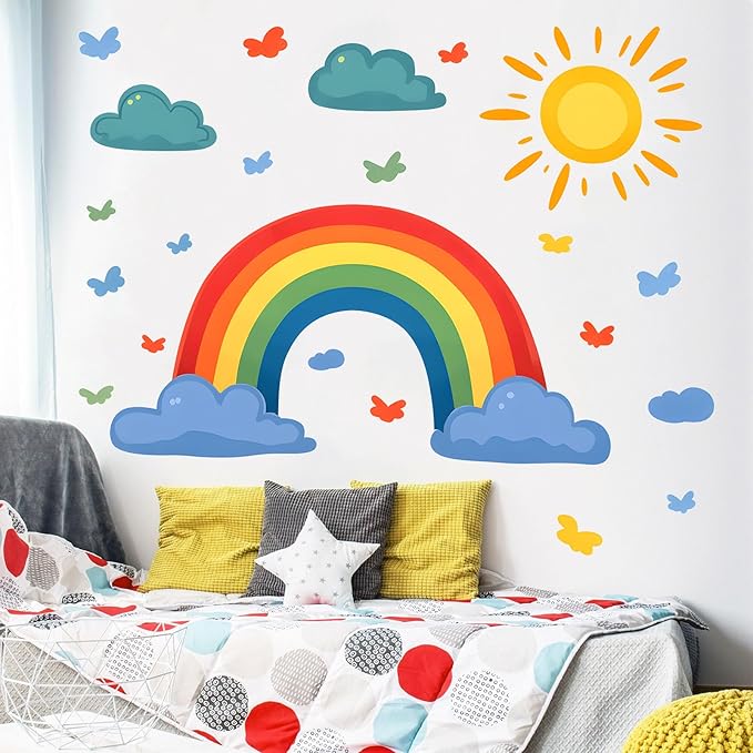 Eutecado Rainbow Wall Decals Watercolor Sun Cloud Wall Stickers for Kids Room, Cute Cloudy Rainbow Wall Decor Butterfly Sun Decorations Peel and Stick Removable Decals for Girls Room Nursery