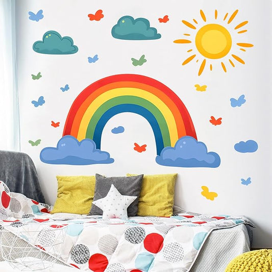 Eutecado Rainbow Wall Decals Watercolor Sun Cloud Wall Stickers for Kids Room, Cute Cloudy Rainbow Wall Decor Butterfly Sun Decorations Peel and Stick Removable Decals for Girls Room Nursery