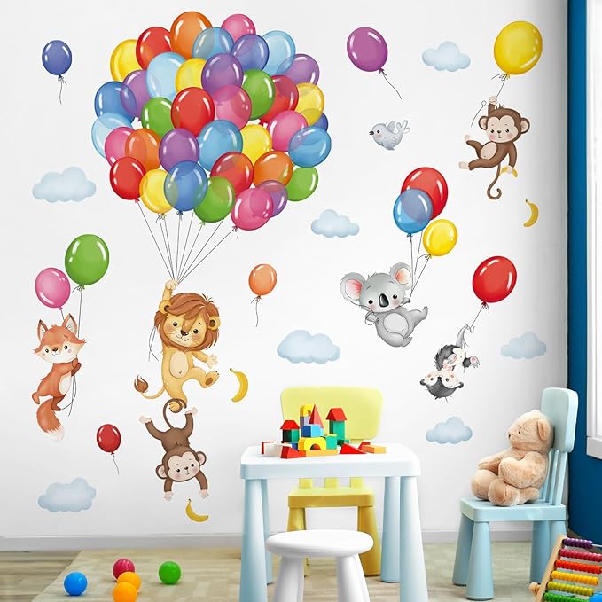 decalmile Forest Animals Balloon Wall Decals Monkey Lion Koala Wall Stickers Baby Nursery Kids Bedroom Playroom Wall Decor