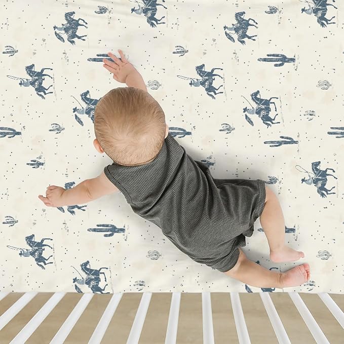 Vintage Western Cowboy Baby Crib Sheets for Boy Girl 28"x52" Retro Cowboy Horse Cactus Soft Stretchy Fitted Crib Mattress Cover Wild Desert Baby Sheet for Standard Crib & Toddler Mattress Pads