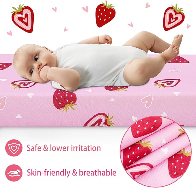 Viviland Pack n Play Mattress - 38" x 26" Premium Soft Foam Portable Toddler Mattress for Pack and Play Topper, Odorless, Breathable, Comfortable and Stable, mini pad for Baby mattresses (Strawberry)