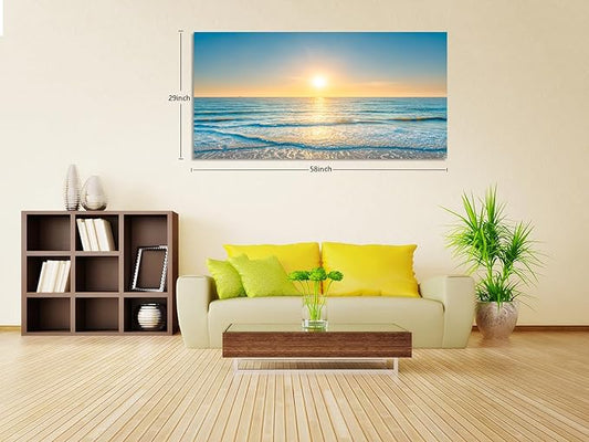 KUNHAAH Wall Art Canvas Painting Blue Sea Beautiful Seascape 1 Piece Ocean Sunset Waves Picture Poster Print Framed and Stretched Ready to Hang for Living Room Bedroom Artework