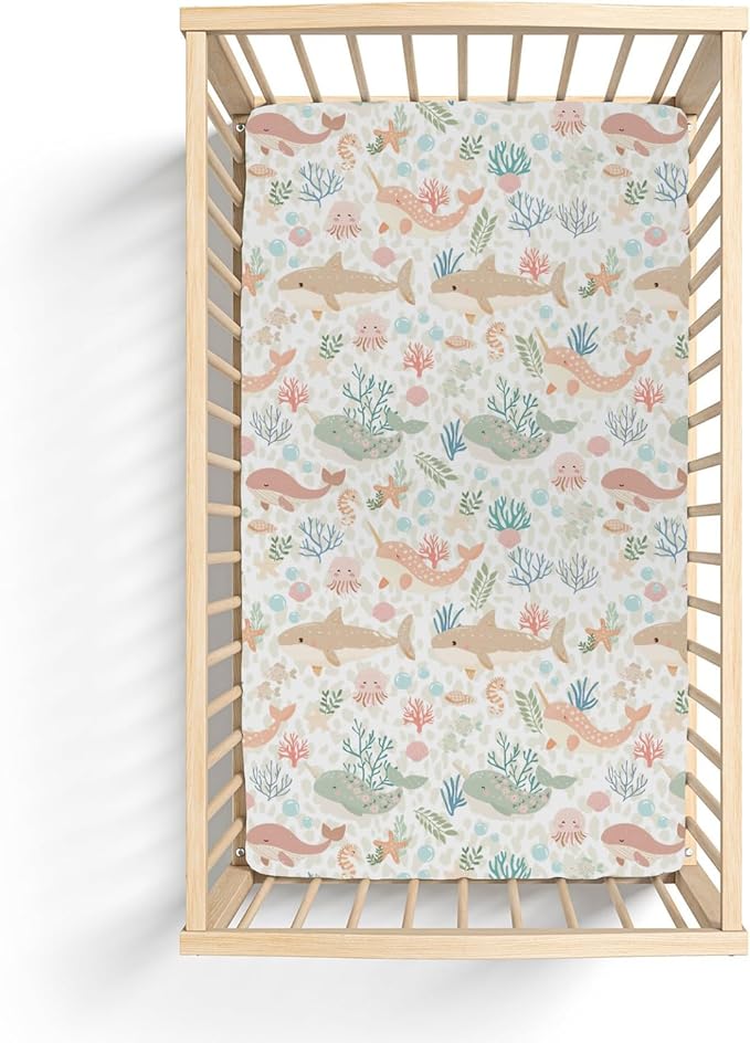 Girly Whale Baby Crib Sheets for Boy Girl 28"x52" Narwhal Shark Jellyfish Corals Soft Stretchy Fitted Crib Mattress Cover Boho Sea Ocean Animals Leopard Baby Sheet for Crib & Toddler Bed Mattresses