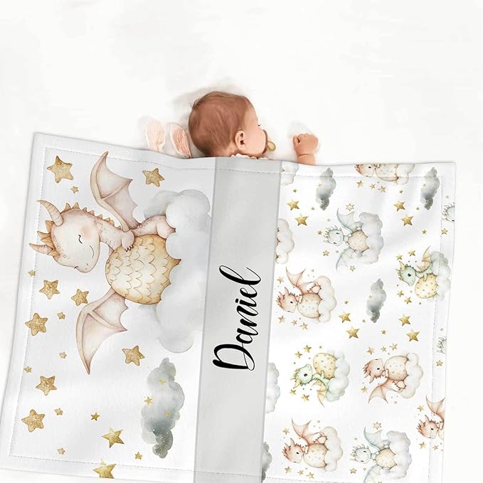 Personalized Flying Dragon Baby Crib Bedding Set for Boys Girls – Custom Name 3-Piece Nursery Bedding with Blanket, Fitted Crib Sheet & Pillowcase – Soft Baby Bedding for Newborn Infant Toddler