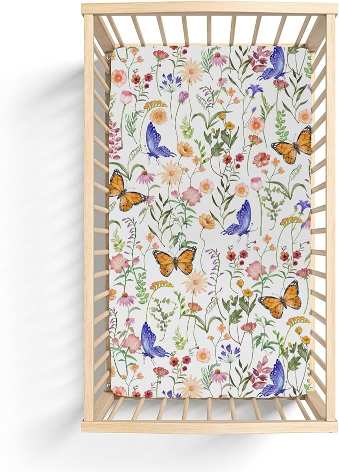 Vintage Wildflowers Butterflies Baby Crib Sheets for Boy Girl 52"x28" Colorful Spring Blossoms Soft Snug Fitted Crib Mattress Cover Wild Plant Baby Sheet for Standard Crib and Toddler Bed Mattress
