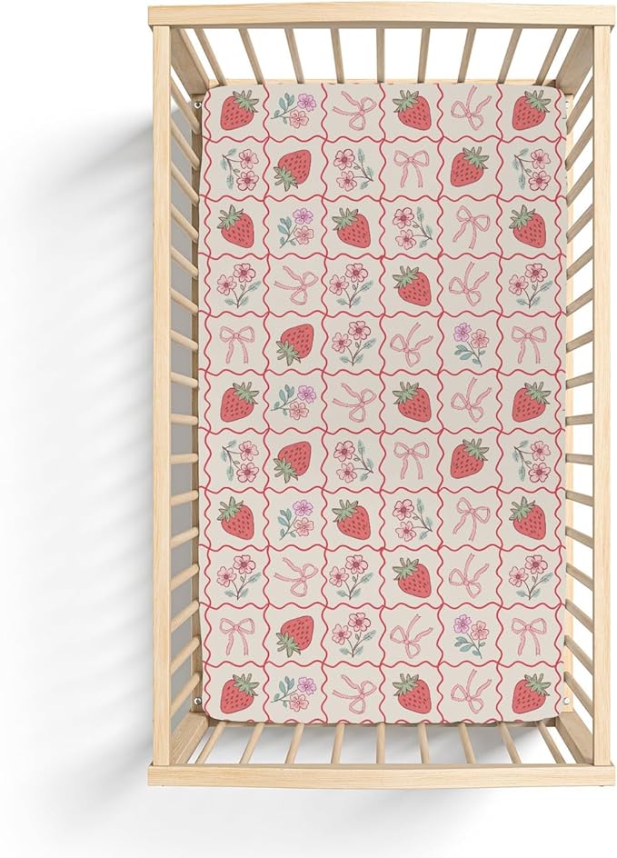 Boho Strawberry Flowers Baby Crib Sheets for Girl 52"x28" Strawberries Pink Bows Checkerboard Soft Snug Fitted Crib Mattress Covers Summer Fruit Baby Sheet for Standard Crib & Toddler Bed Mattress
