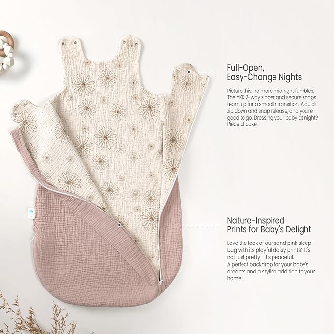 lulumoon Sleep Sack Muslin for Baby: Cotton Wearable Blanket for 0-3 Months - Soft Lightweight Ideal for Newborn Nursery Lounge Nighttime Naptime (1, sanddaisy, XS)