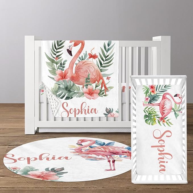 Custom Baby Crib Bedding Set, Personalized Name Flamingo Design Crib Set 3 Pcs, Soft Double Layer Blanket, Crib Sheet & Room Rug, Ideal Nursery Decor Gift for Baby Girls Boys