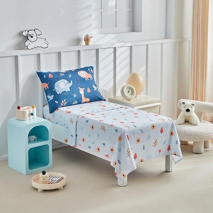 DuShow 4 Pieces Toddler Bedding Set for Boys,Navy Blue Animals Pattern Crib Comforter Set,Soft Toddler Bed Sheets Set Includes Flat Sheet,Fitted Sheet,Quilted Comforter,Pillowcase