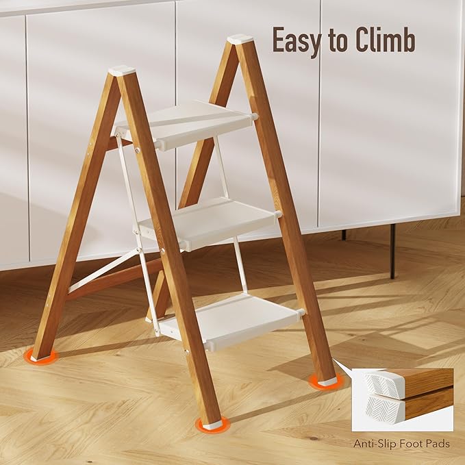Mayi Plus 3 Step Lightweight Aluminum Folding Ladder, Portable Step Stool with Wide Anti-Slip Pedals, 330 lbs Capacity for Home,Cleaning Tasks（White&Woodgrain）