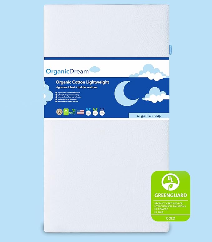 ORGANICDREAM Crib and Toddler Mattress - 100% Breathable Proven to Reduce Suffocation Risk, 100% Washable Cover, Baby + Toddler Bed, GREENGUARD Certified, Hypoallergenic - Deluxe 5"- White