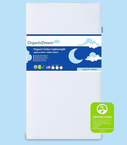 ORGANICDREAM Crib and Toddler Mattress - 100% Breathable Proven to Reduce Suffocation Risk, 100% Washable Cover, Baby + Toddler Bed, GREENGUARD Certified, Hypoallergenic - Deluxe 5"- White