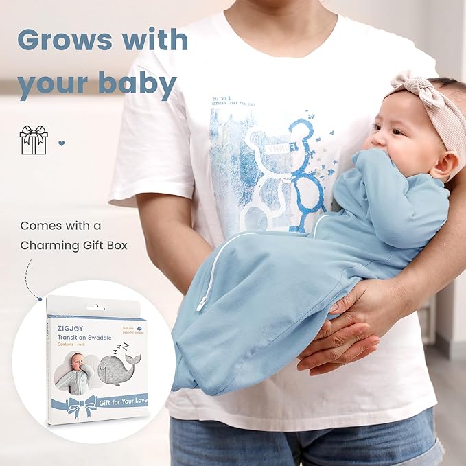 ZIGJOY Baby Transitional Swaddles for Newborns: 0.5 Tog Arms Up Sleep Sack 3-6-12 Months Soft Cotton Shark Fin 2 Way Zipper