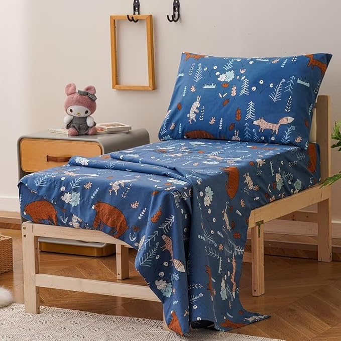 CLOTHKNOW Animal Toddler Bedding Sets for Boys, 4 Pieces Bedding Sets, Navy Blue Bear Cartoon Pattern, Soft Crib Bed Set Including Comforter, Flat Sheet, Fitted Sheet and Pillowcase