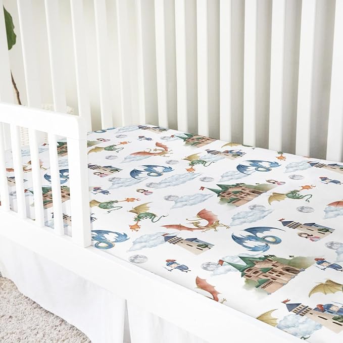 Fairytale Dragons Castle Baby Crib Sheet 52''x28'' Cute Dragon Princess Knight Moon Clouds Stretchy Fitted Crib Mattress Cover for Boy Girl Bed Sheets for Standard Crib Toddler Mattress