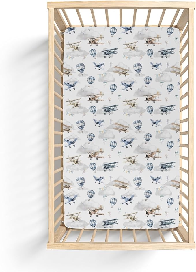 Vintage Planes Airplanes Helicopters Baby Crib Sheets Boy Girl 28"x52" Hot Air Balloon Plane Clouds Sky Soft Stretchy Fitted Crib Mattress Cover Baby Sheet for Standard Crib & Toddler Mattress Pad