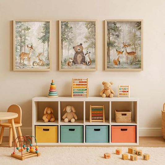 LLEEMPI Woodland Nursery Wall Decor Set of 3, Cute Forest Animal Wall Art, Bear Fox Deer Watercolor Canvas Prints, Vintage Nature Poster Prints for Kids Bedroom Bathroom Playroom Wood Framed 16x24 Inch