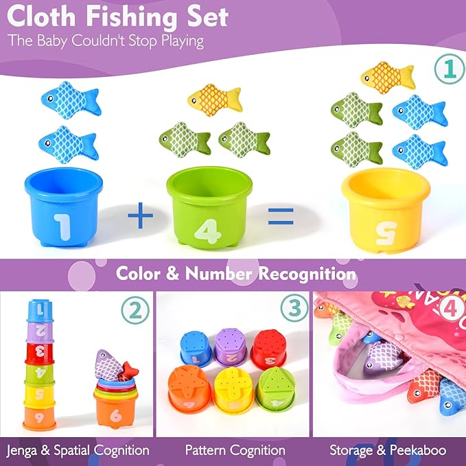 Montessori Toys for 1 Year Old Girl Gifts, Pink Cloth Fishing Toy for Toddler 1-3, Fine Motor Skills Toy Sorting Learning Baby Toys 6-12-18 Months, One Year Old Girl Boy Birthday Gifts