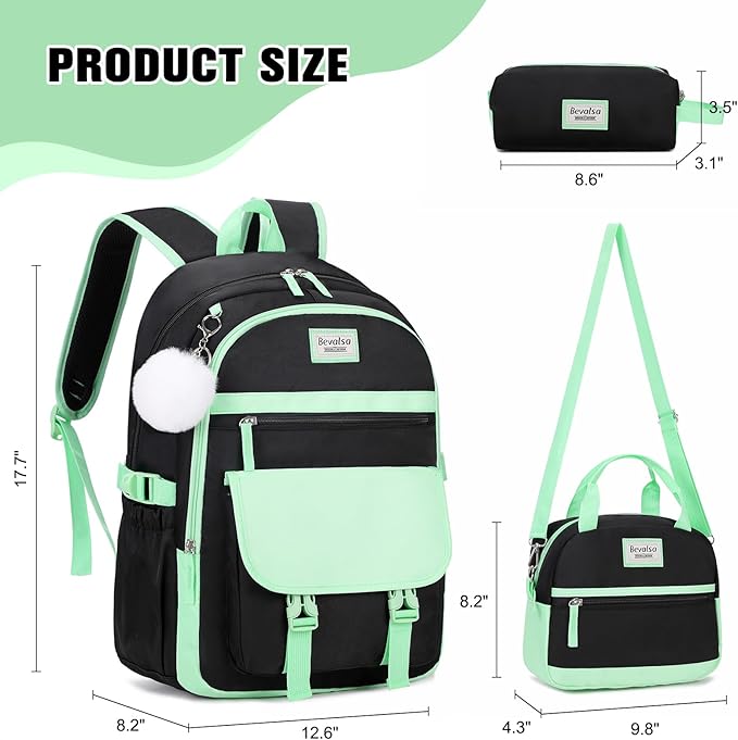 Bevalsa Backpack for Girls, School Backpacks for Girls, Kids Backpack with Lunch Box & Pencil Pouch for Teens Girl Kids Elementary Middle High School College Student Bookbag Daypack (Green Black)