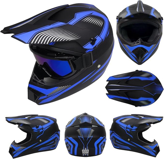 Youth Dirt Bike Helmet,Kids Motocross Full Face Helmets,Mountain Bike BMX MX ATV Boys Motorcycle Helmet for Kids 8-14 with(Goggles,Gloves,Mask) 4-Pcs Set,DOT Approved(Blue,L)