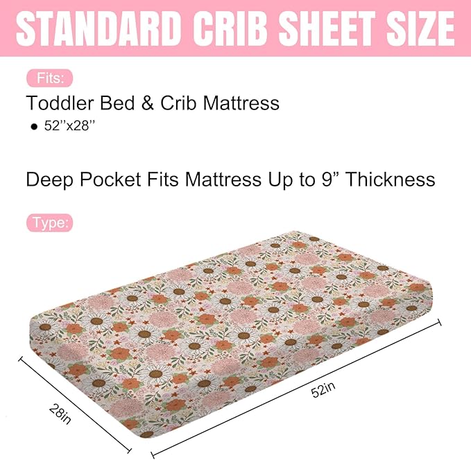 Retro Boho Floral Baby Crib Sheet 52''x28'' Vintage Flowers Stretchy Fitted Crib Mattress Sheet for Boy Girl Wild Flowers Summer Soft Baby Nursery Bed Sheets for Standard Crib and Toddler Mattress
