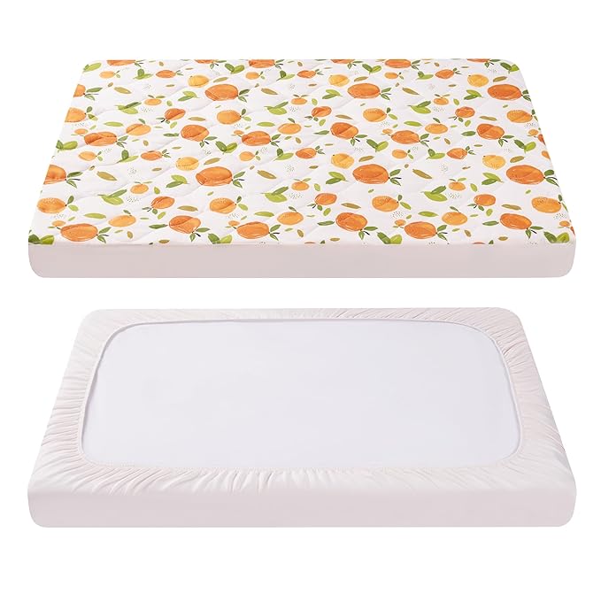 TILLYOU Pack and Play Sheet - Soft Quilted Crib Cover Pad, Toddlers Mattress Protector with 1''-3'' Deep Pocket, Thick Play Yard Playpen Sheets, Crib Mattress Pad, 39"x27", Orange Flavour