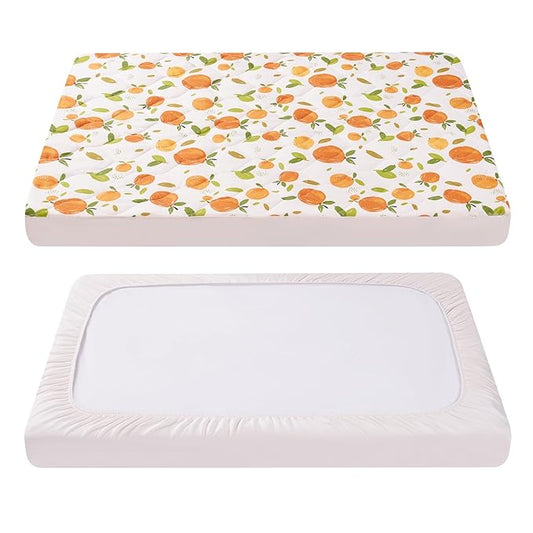 TILLYOU Pack and Play Sheet - Soft Quilted Crib Cover Pad, Toddlers Mattress Protector with 1''-3'' Deep Pocket, Thick Play Yard Playpen Sheets, Crib Mattress Pad, 39"x27", Orange Flavour