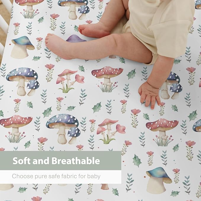 Fairytale Mushroom Baby Crib Sheets for Boy Girl 52x28Inch Colorful Mushrooms Floral Leaves Soft Snug Fitted Crib Mattress Cover Magical Plant Baby Sheet for Standard Crib & Toddler Bed Mattress