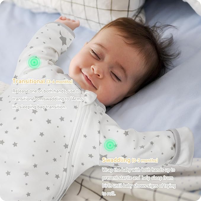 Transitional Swaddle Sack with Arms Up Length Sleeves and Mitten Cuffs 3-6 Months, Wearable Swaddling Blanket Sleeping Bag Cotton for Newborns Baby Boys Girls Sleep Sacks Snug Fit Calms Startle Reflex