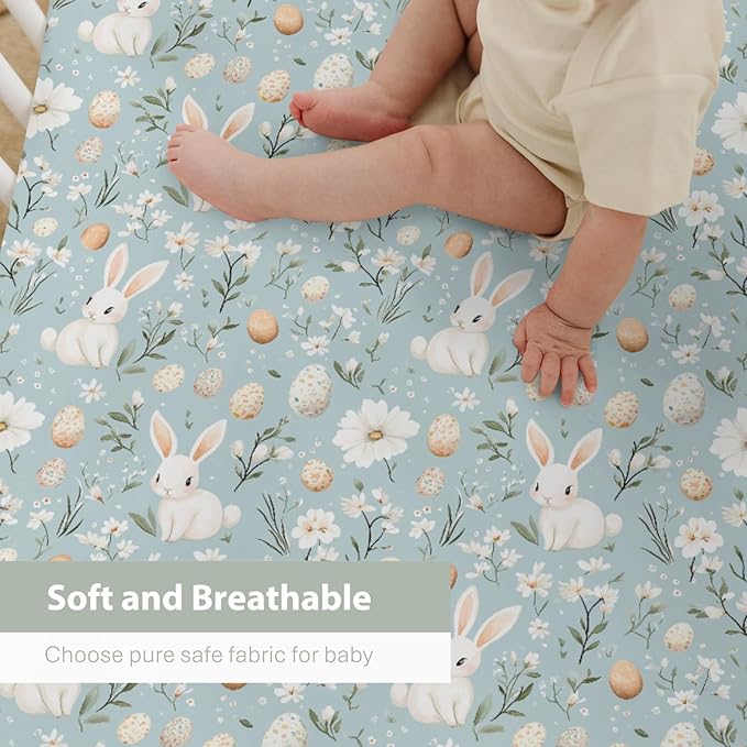 Blue Spring Bunnies Daisy Floral Baby Crib Sheets for Boy Girl 52x28 Cute Rabbits Eggs Flowers Soft Snug Fitted Crib Mattress Covers Spring Garden Baby Sheet for Standard Crib & Toddler Bed Mattress