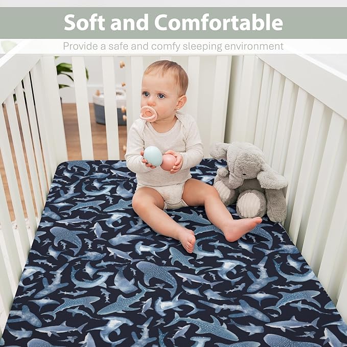 Blue Sharks Baby Crib Sheets for Boy Girl 52"x28" Sea Ocean Animal Soft Stretchy Fitted Crib Mattress Covers Nautical Shark Nursery Baby Sheet for Standard Crib and Toddler Bed Mattress