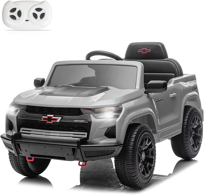Winado Licensed Chevrolet Colorado Electric Car for Kids, 12V Ride on Toys for Toddlers with Remote Control, Battery Powered Electric Car Ride On Vehicle w/Bluetooth, Soft Start, LED Lights - Gray
