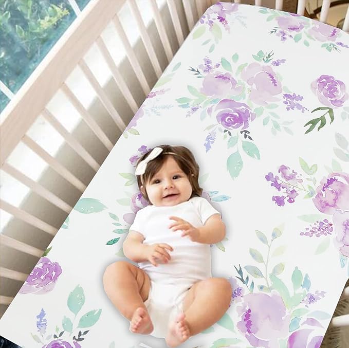 TANOFAR 4 Piece Crib Bedding Set for Girls, Purple Flower Quilt, Crib Skirt, Diaper Stacker, Soft Microfiber Comforter, Cotton