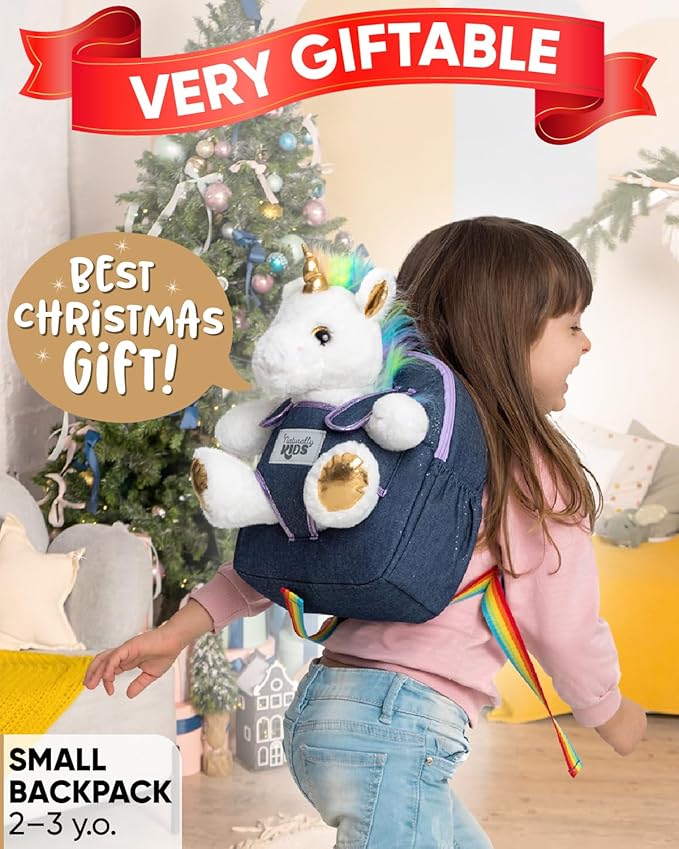 Naturally KIDS 【Upgraded】 Toddler Backpack w Removable Unicorn Toy for Girls Age 2-6 | Side & Inner Pockets, Reflective Logo, Name Tag, Sparkly Denim | Cute Christmas Gifts