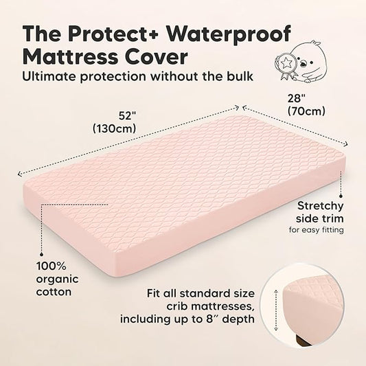 2-Pack Waterproof Crib Mattress Protector Cover Fitted - Quiet Baby Crib Mattress Pad Sheets, 52" x 28" Soft Quilted Cotton Baby Sheet, Machine Washable, Easy Fit, Durable (Mist Rose/Mavy)
