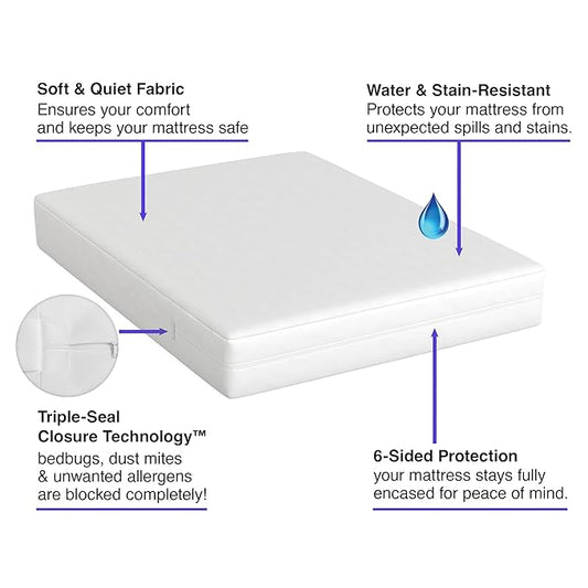 All-in-One Mattress Protector, Zippered Encasement, Water & Stain Resistant, Triple Seal Protection, Queen, White