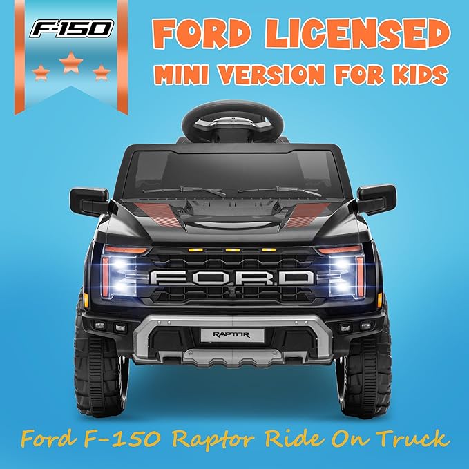 ENYOPRO 12V Kids Ride On Truck, Licensed Ford F-150 Raptor Toddler Electric Car w/Remote Control, Kids Ride On Car Toy w/LED Lights, Bluetooth Music, Lockable Doors, Safety Belt, 2 Speed (Black)