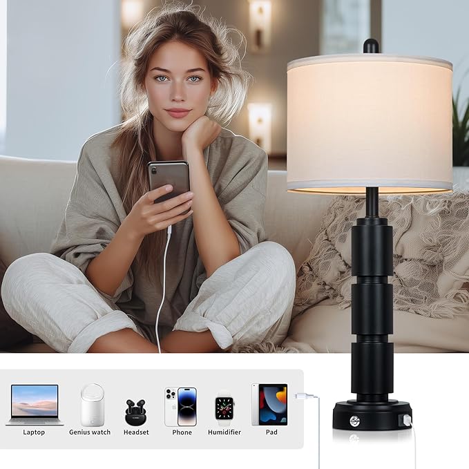 luxeflow Set of 2 Modern Table Lamps for Living Room Bedroom,29" Tall Bedside Lamp with 2 USB Port,Black Metal Touch Nightstand Lamp for Desk End Side Table Entryway,Black
