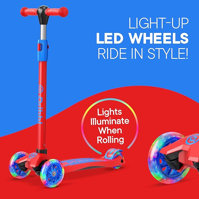 Dribbl 3-Wheel Kids Scooter - Lean-to-Steer Technology, Adjustable Height Handlebar, Anti-Slip Deck, Scooter for Boys & Girls Ages 3+, Child Safety Approved, Support Riders Up To 165 lbs, Red and Blue