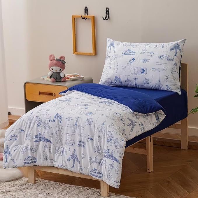 CLOTHKNOW Traffic Toddler Bedding Sets for Boys, 4 Pieces Bedding Sets Cars Airplane Tank Helicopter Pattern, Soft Crib Bed Set Including Comforter, Flat Sheet, Fitted Sheet and Pillowcase