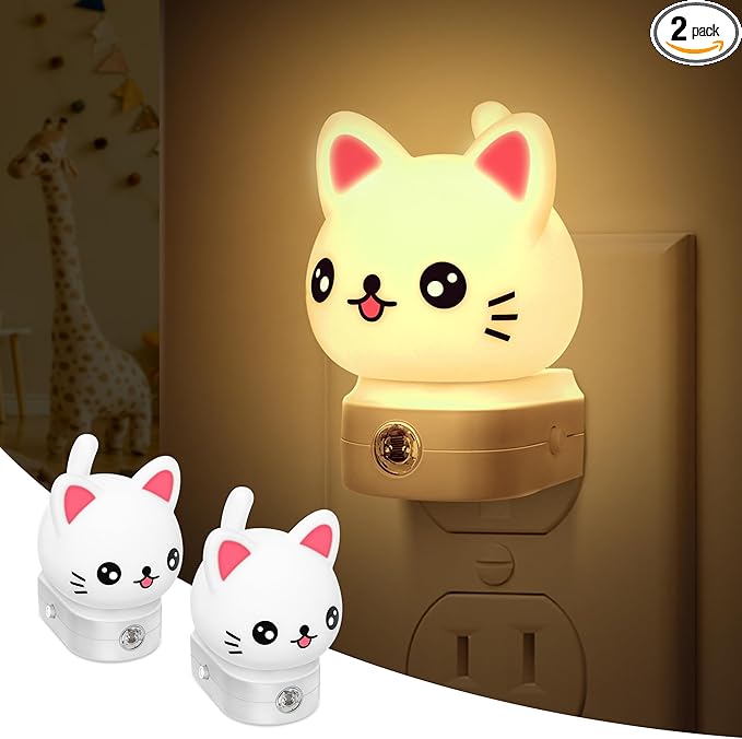 Cat Night Lights Plug Into Wall [2 Pack], Cute Night Light for Kids, 8-Color RGB LED Night Light, Nightlight with Dusk to Dawn Sensor for Kids Room, Bathroom, Bedroom Décor, Children Christmas Gift