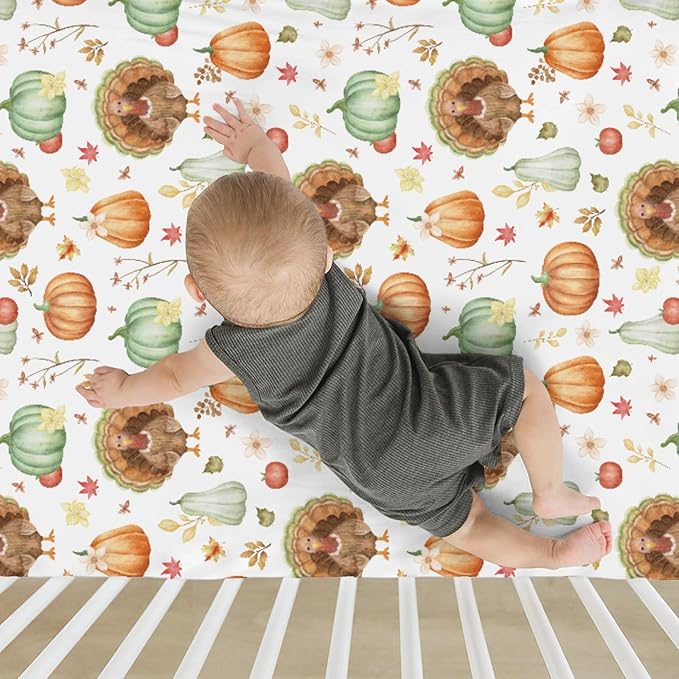 Thanksgiving Turkey Pumpkins Baby Crib Sheets for Boy Girl 52"x28" Autumn Maple Leaves Soft Stretchy Fitted Crib Mattress Cover Fall Harvest Baby Sheet for Standard Crib and Toddler Bed Mattress