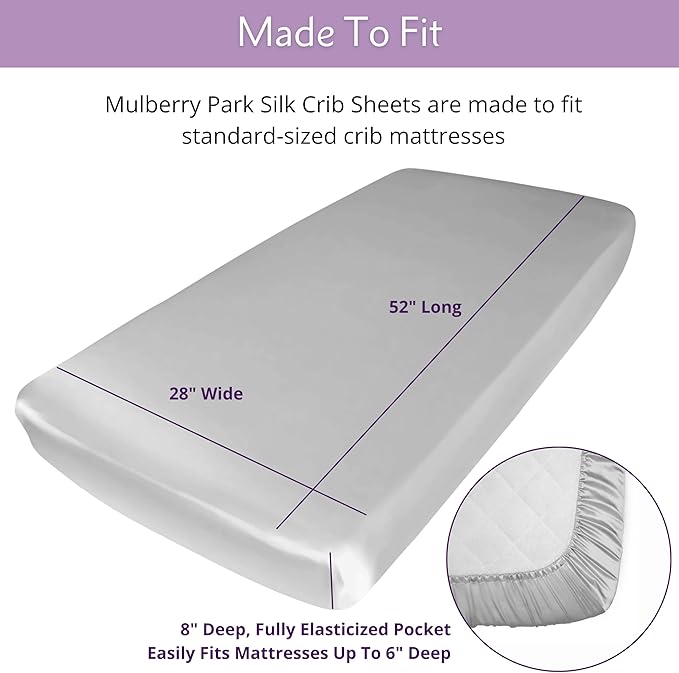 Mulberry Park Fitted Silk Crib Sheet - Grade 6A Pure 19 Momme Toddler Bedding - Gentle on Baby's Delicate Skin, Helps with Bald Spot, Eczema, Dry Skin & Cradle Cap - 28" x 52" / Sleepy Silver