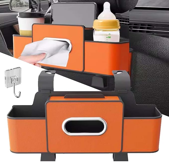 OJEYDFU 3-in-1 Car Backseat Organizer, 2026 Upgraded Multifunctional Car Seat Back Storage Box, Backseat Car Organizer with 2 Cup Holders, Tissue Box & Hooks, Universal Car Essentials (Orange)