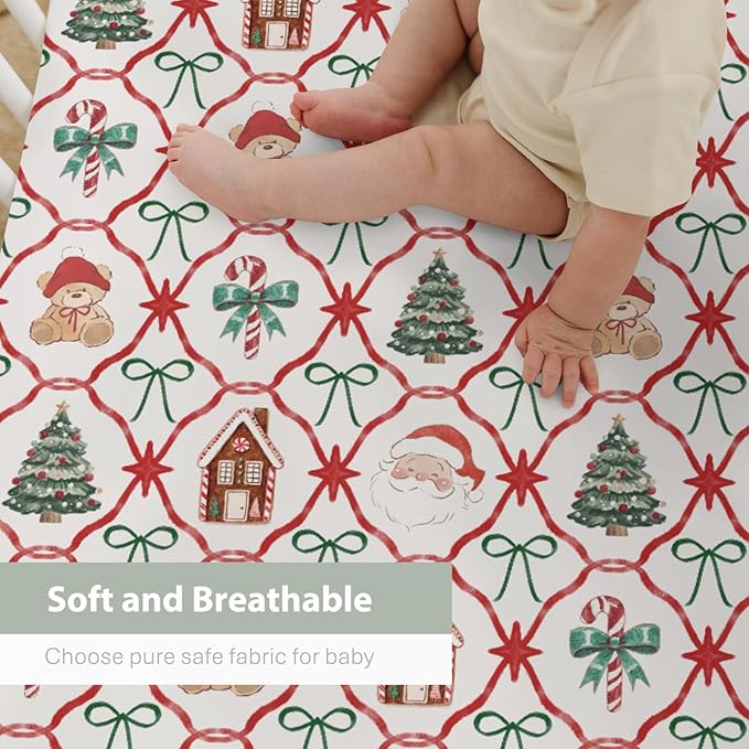 Red and Green Christmas Stripe Baby Crib Sheets for Boy Girl 28"x52" Bear Santa Trees Bows Candy Soft Snug Fitted Crib Mattress Cover Winter Holiday Baby Sheet for Crib & Toddler Bed Mattresses